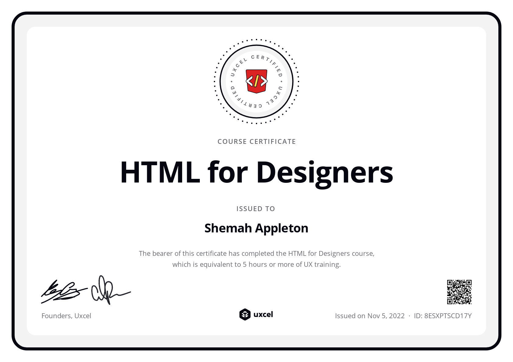 Shemah Appleton's certificate